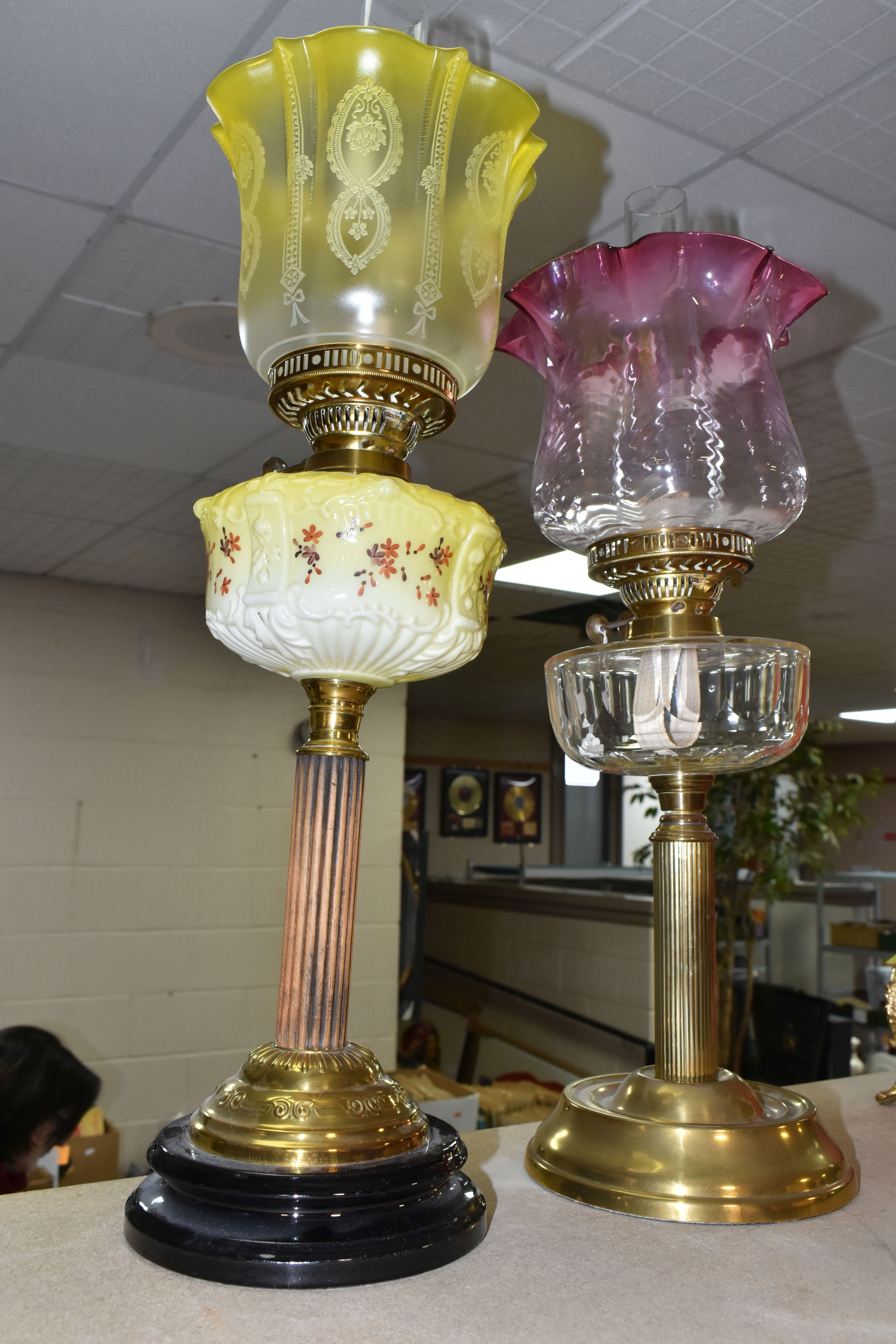 TWO VICTORIAN OIL LAMPS, one has an etched yellow glass shade, moulded yellow milk glass reservoir - Image 9 of 10
