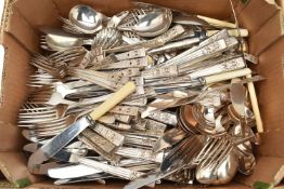 A BOX OF ASSORTED CUTLERY PIECES, including Community plate pieces, serving spoons, sifter spoons,