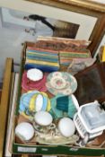 A BOX AND LOOSE CERAMICS, LADYBIRD BOOKS AND PICTURES ETC, to include Royal Stuart Harlequin cups,
