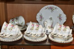 A GROUP OF ROYAL ALBERT 'MOSS ROSE' PATTERN TEA WARE, comprising a milk jug, sugar bowl, cake plate,