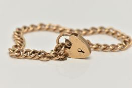 A 9CT GOLD BRACELET, the curb link bracelet with heart padlock clasp, 9ct hallmark on clasp