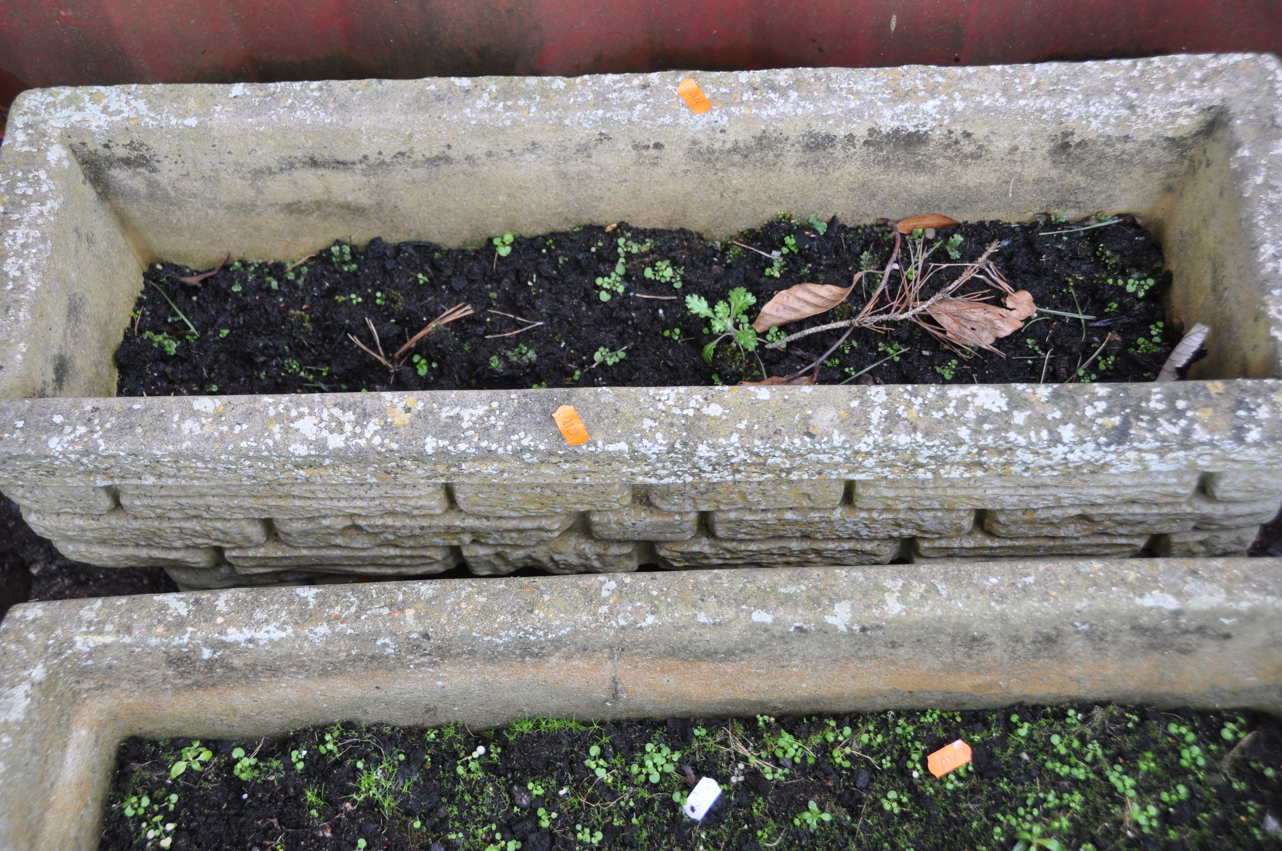 THREE RECTANGULAR COMPOSITE GARDEN PLANTERS one with brickwork effect and two stands width 77cm (3) - Image 4 of 4