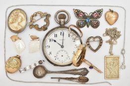 A YELLOW METAL THREE STONE RING, BROOCH, SILVER POCKET WATCH AND OTHER PIECES OF JEWELLERY, a