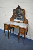 A 20TH CENTURY WALNUT PEDESTAL DRESSING TABLE, with a shaped bevelled mirror back, veined marble