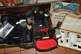 A BOX AND LOOSE PHOTOGRAPHIC AND OPTICAL EQUIPMENT, to include a Pentax K1000 fitted with a