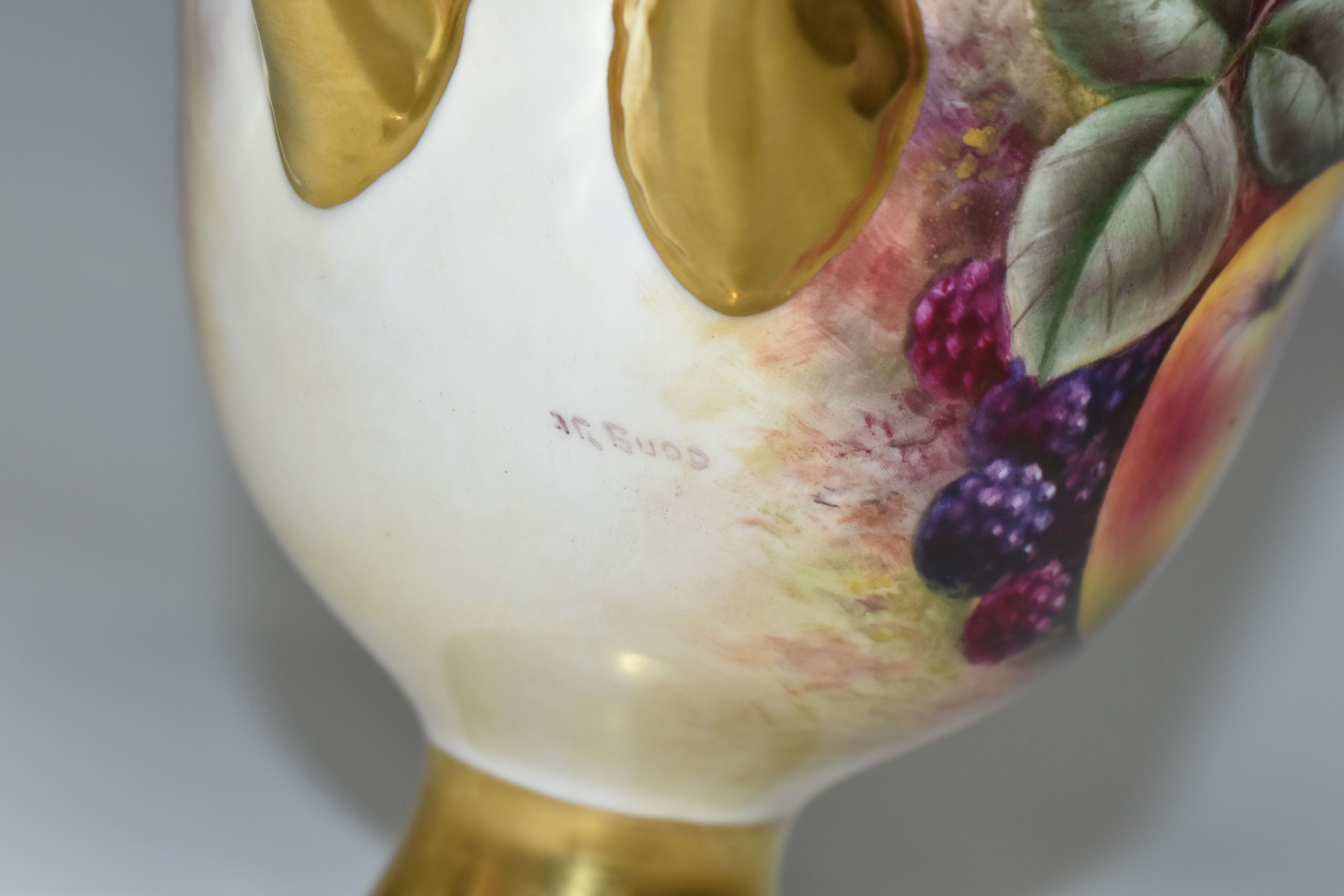 A COALPORT COVERED VASE, the gilt footed vase with twin gilt handles, hand painted with apples, - Image 5 of 8