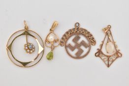 FOUR 9CT GOLD PENDANTS, to include an early 20th century circular pendant suspending a central
