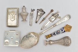A SELECTION OF ITEMS, to include a late Victorian silver spoon, engraved floral pattern with