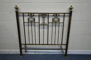 A HEAVY ARTS AND CRAFTS STYLE BRASS 4FT6 HEADBOARD, decorated with Art Nouveau motif