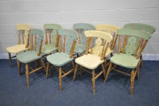 A SET OF NINE BEECH AND PAINTED KITCHEN CHAIRS, in a range of colours (condition report: painted