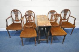 A 20TH CENTURY OAK BOBBIN TURNED GATE LEG TABLE, along with a set of six splat back dining chairs,