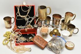 A JEWELLERY BOX WITH CONTENTS AND TANKARDS, to include a red jewellery box with contents of