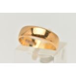 A 22CT GOLD BAND RING, a plain polished yellow gold band, approximate width 5mm, hallmarked 22ct