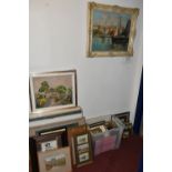 A GROUP OF 19TH AND 20TH CENTURY PAINTINGS AND PRINTS, to include a Continental scene of a fishing