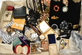 A BOX OF ASSORTED COSTUME JEWELLERY AND ITEMS, to include a black suede display stand with