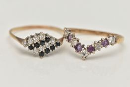 TWO GEM SET RINGS, the first a wishbone style ring, set with circular cut amethyst and cubic