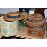 A BOX AND LOOSE BOXES, HATS AND SUNDRY ITEMS, to include a wooden box with copper foliate