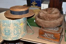 A BOX AND LOOSE BOXES, HATS AND SUNDRY ITEMS, to include a wooden box with copper foliate