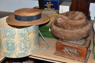 A BOX AND LOOSE BOXES, HATS AND SUNDRY ITEMS, to include a wooden box with copper foliate