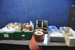 THREE TRAYS CONTAINING TOOLS, SANDING SHEETS AND ROLLS, including Imperial bolts and nuts, pop