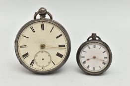 TWO SILVER POCKET WATCHES, the first AF, key wound, open face pocket watch, round white dial,