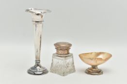 THREE ITEMS OF SILVER, to include an early 20th century tapered posy vase, on a round weighted base,