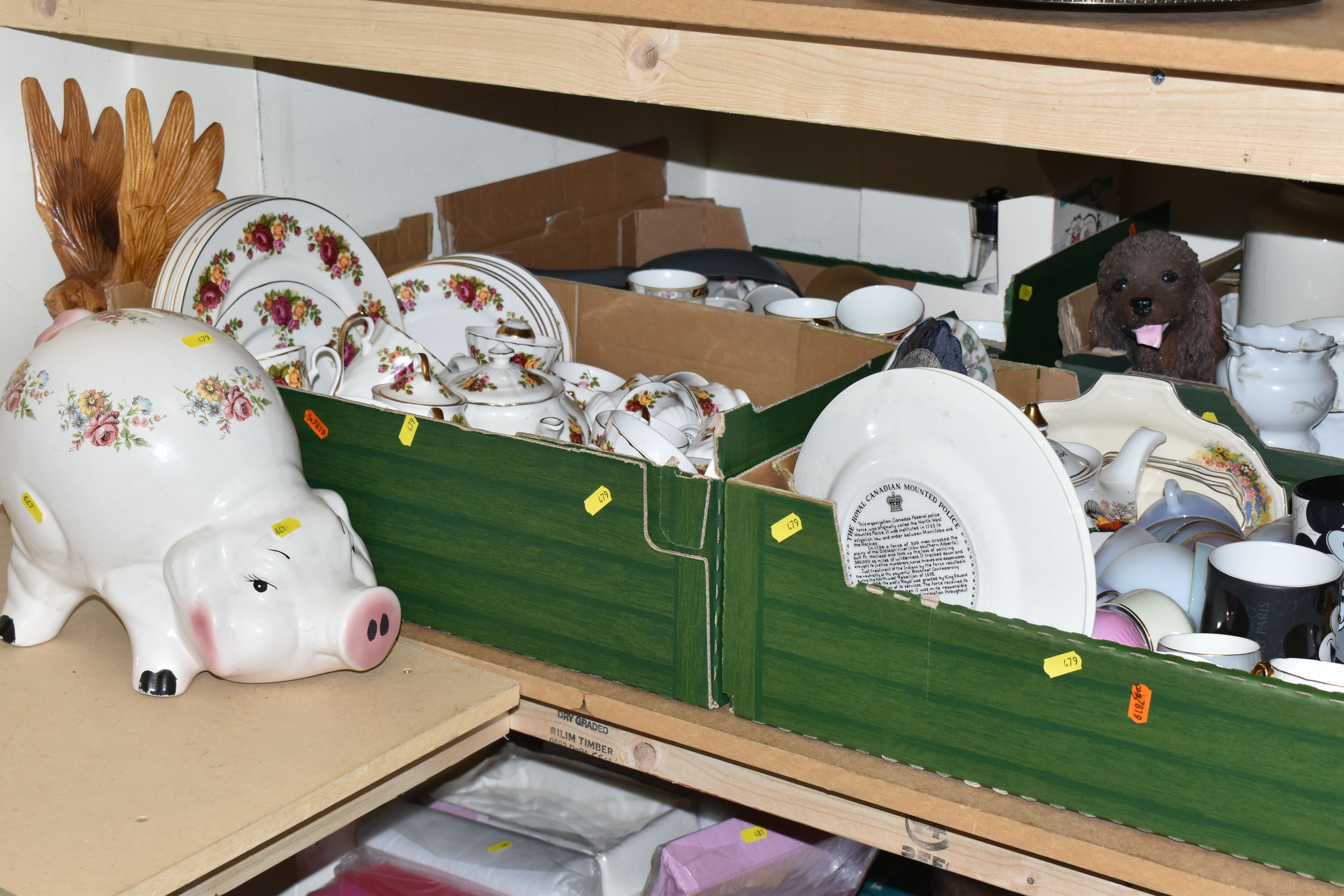 SIX BOXES OF CERAMICS, DINNERWARE AND ORNAMENTS, to include a large floral 'Piggy Bank', carved - Image 2 of 11