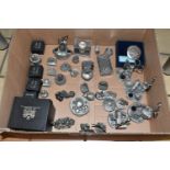 A BOX OF ORNAMENTAL PEWTER ITEMS ETC, to include a boxed Celtic trinket box, boxed A.E. Williams