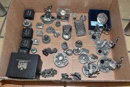 A BOX OF ORNAMENTAL PEWTER ITEMS ETC, to include a boxed Celtic trinket box, boxed A.E. Williams