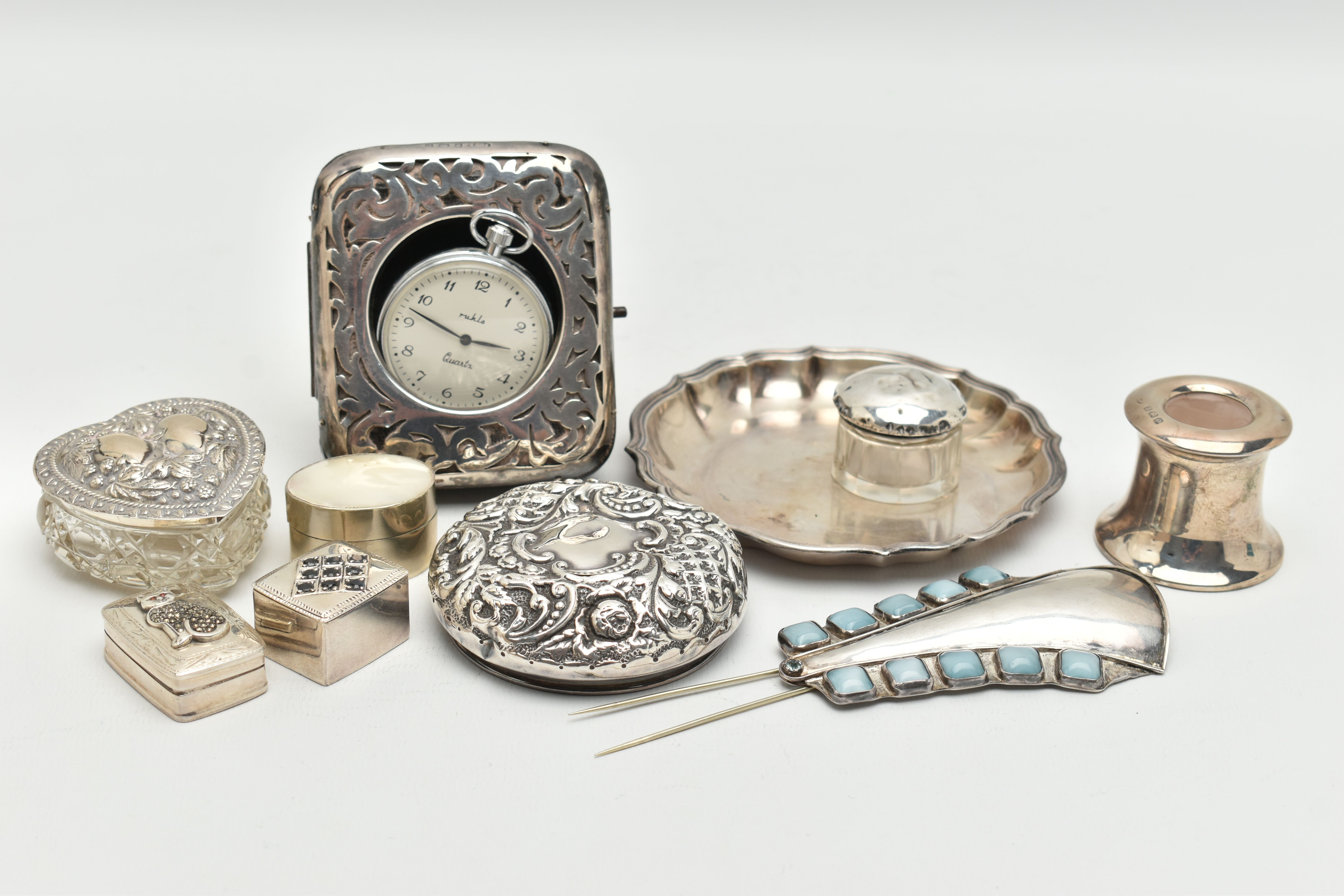 A SELECTION OF SILVER ITEMS, to include a silver ink well, hallmarked Birmingham, a silver pill