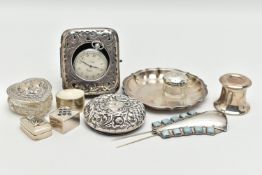 A SELECTION OF SILVER ITEMS, to include a silver ink well, hallmarked Birmingham, a silver pill