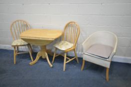A BEECH DROP LEAF PEDESTAL KITCHEN TABLE, open diameter 92cm x height 73cm, two beech chairs, and