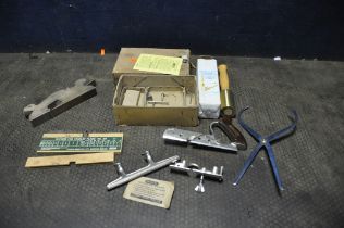 A STANLEY No50 PLOUGH PLANE with 17 cutters, a Robert Sorby bowl caliper, a solid brass chisel