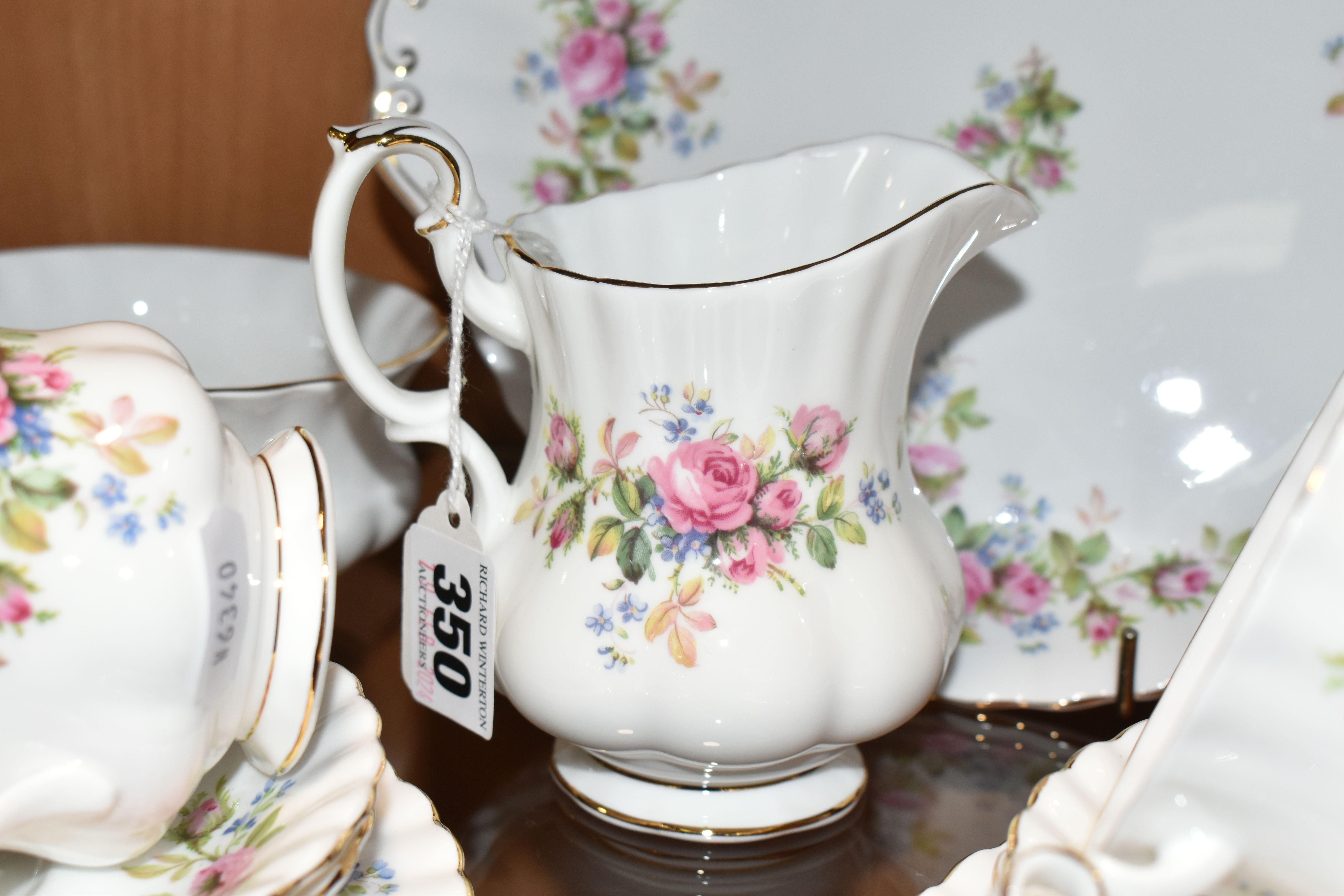 A GROUP OF ROYAL ALBERT 'MOSS ROSE' PATTERN TEA WARE, comprising a milk jug, sugar bowl, cake plate, - Image 6 of 7