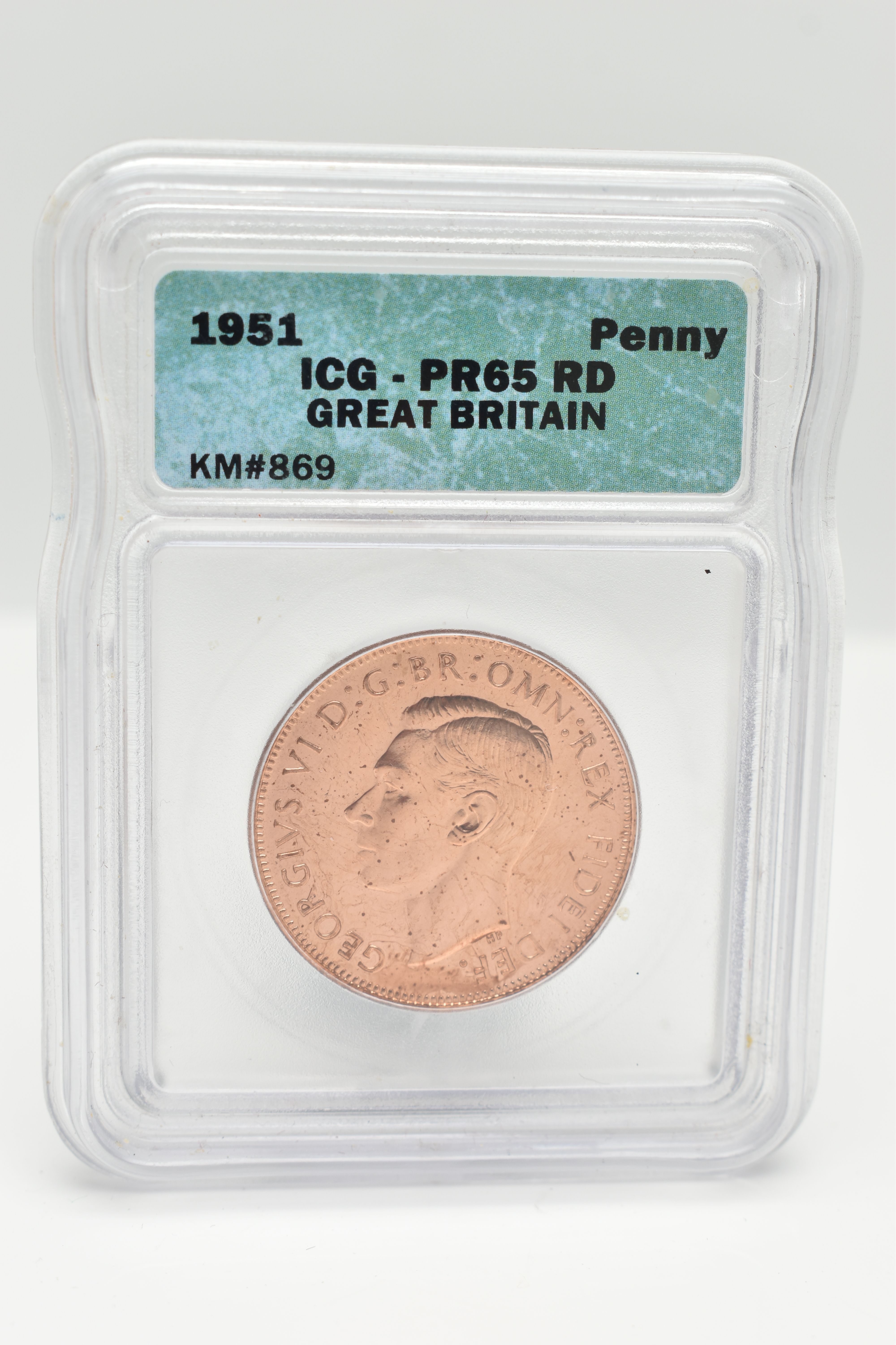 A 1951 GEORGE V1 PROOF PENNY COIN SLABBED and GRADED by I.C.G. And Verified PR65 RD (1415600101)