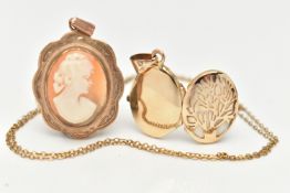 AN OVAL LOCKET, CAMEO PENDANT AND CHAIN, oval open work tree of life locket, fitted with a tapered