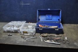 A TOOLBOX AND TWO TRAYS CONTAINING AUTOMOTIVE TOOLS including spanners, sockets by Draper,