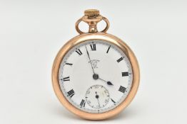 A ROLLED GOLD OPEN FACE POCKET WATCH, manual wind, round white dial signed 'Keystone U.S.A', Roman