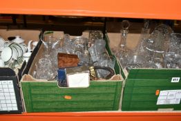THREE BOXES OF GLASSWARE AND CERAMICS, to include cut crystal decanters, rose bowls, ice bucket,