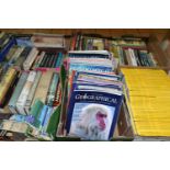 SEVEN BOXES OF BOOKS, MAPS & MAGAZINES containing over eighty-five book titles in hardback and