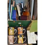 TWO BOXES AND LOOSE PICTURES AND SUNDRY ITEMS, to include a boxed Roulette game, a small cased