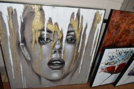FOUR PIECES OF MODERN DECORATIVE WALL ART, comprising an embellished box canvas portrait of a female