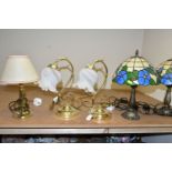 A GROUP OF TABLE LAMPS, to include a pair of 'Tiffany' style lamps with coloured plastic shades, a