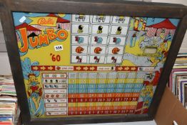 A FRAMED ILLUMINATED BALLY PINBALL BACK GLASS 'Jumbo', c.1960s, not tested, size of frame approx.