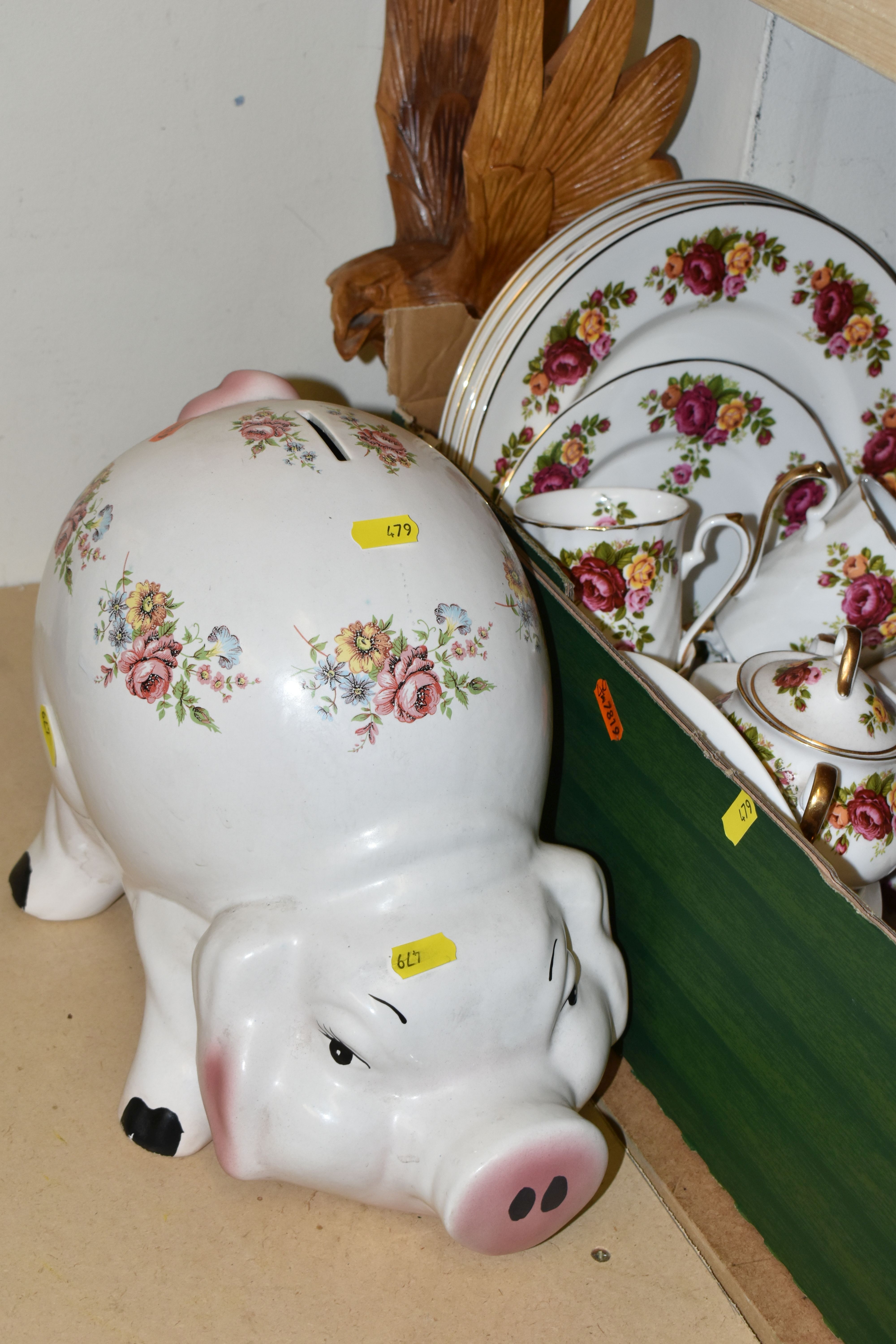 SIX BOXES OF CERAMICS, DINNERWARE AND ORNAMENTS, to include a large floral 'Piggy Bank', carved - Image 3 of 11