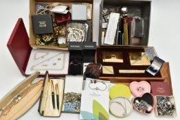 A BOX OF ASSORTED COSTUME JEWELLERY, to include a boxed 'Chamilia' snake bracelet with one paste