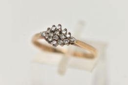 A 9CT GOLD DIAMOND CLUSTER RING, the diamond shape tiered cluster claw set with single cut diamonds,
