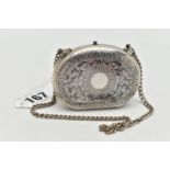 A CONTINENTAL NIELLO PURSE, white metal purse of oval form, neillo foliage decoration with vacant