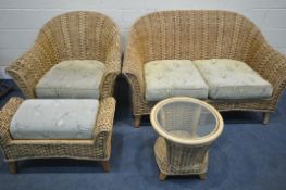 A WICKER FOUR PIECE CONSERVATORY SUITE, comprising a two seater sofa, 150cm x depth 97cm x height