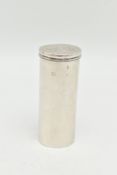 A MID-VICTORIAN SILVER NUTMEG GRATER, cylindrical polished form, hinged cover with engraved crests